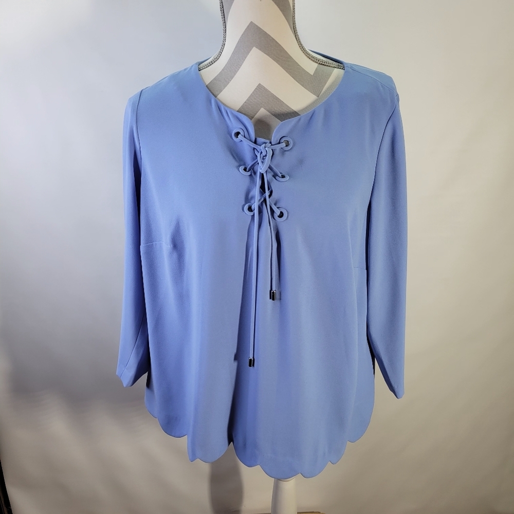 Talbots Petites Cornflower Blue Scallop Hem Tie Neck 3/4 Sleeve Size XP